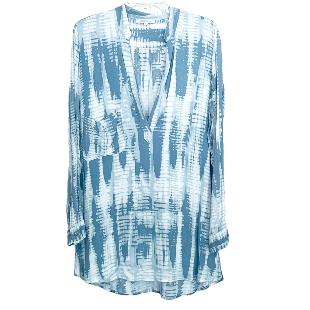 Olivaceous Size Medium Blue/White Tie Dye Long Sleeve High-Low Hem Tunic